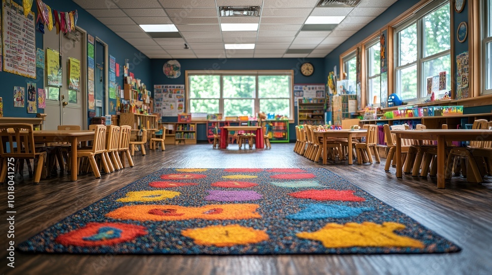 Poster bright and colorful classroom with tables and learning materials.