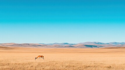 Fototapeta premium A solitary antelope grazes in a vast, open grassland under a clear blue sky.