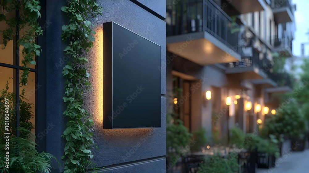 Wall mural Modern building facade with greenery and illuminated signage.