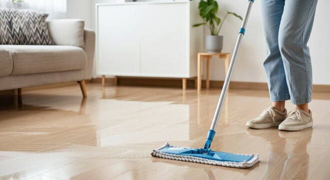 Person mopping clean wooden floor in tidy living room with plant