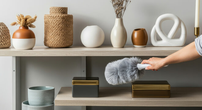 Person dusting beautifully arranged decorative objects on shelves