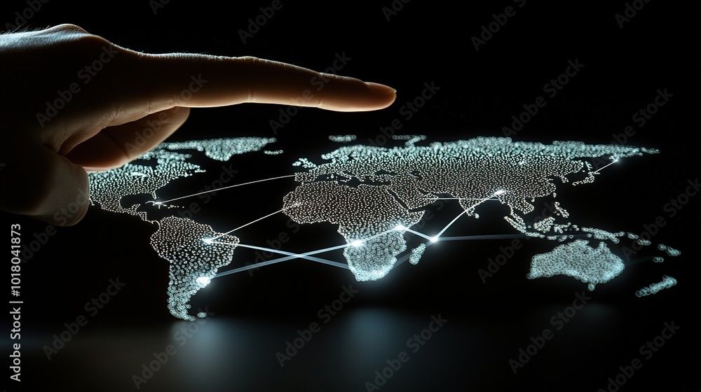 Poster hand interacting with digital global network map