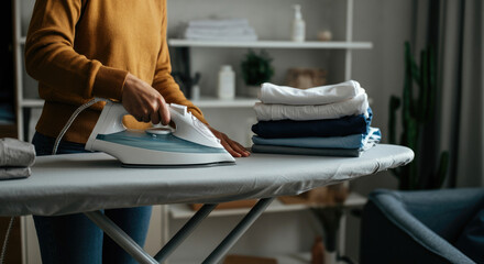 Woman ironing clothes on board at home
