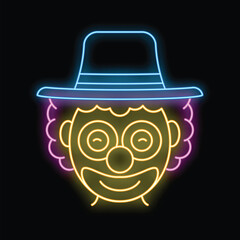 Neon sign representing the face of a smiling clown wearing a hat, perfect for circus advertisement