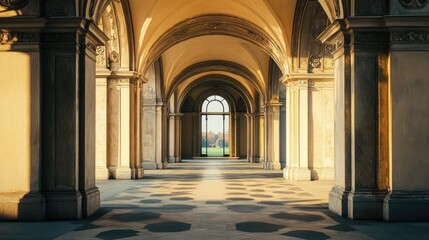 Obraz premium Historic European palace with majestic arches, no people. Plenty of room for copy in the background