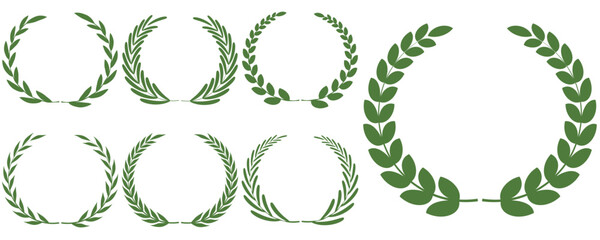 Set of green silhouette laurel foliate, olive wreaths. Vector illustration for your frame, border, ornament design, wreaths depicting an award, achievement, heraldry, emblem, logo.