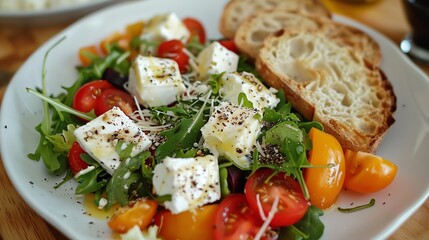 A plate of salad with feta cheese, tomatoes, and arugula, with crusty bread on the side.