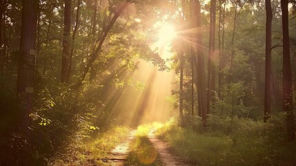 Obraz premium Sunbeams illuminate a path through a green forest.