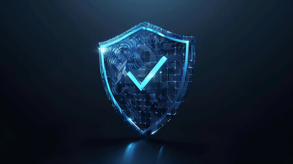 Warranty cybersecurity shield with checkmark. Dating scam checkmark wireframe shield security protection safety technology, romance scam, dark web hacking, connection safety technology