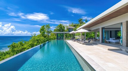 Fototapeta premium Luxurious villa with a crystal-clear pool and panoramic ocean view, no people. Ample room for text in the background.