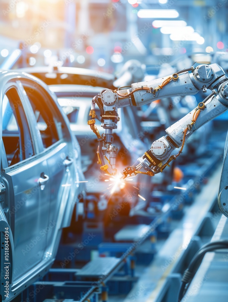 Poster robotic arms are executing precise tasks on a bustling car assembly line in a cutting-edge manufactu