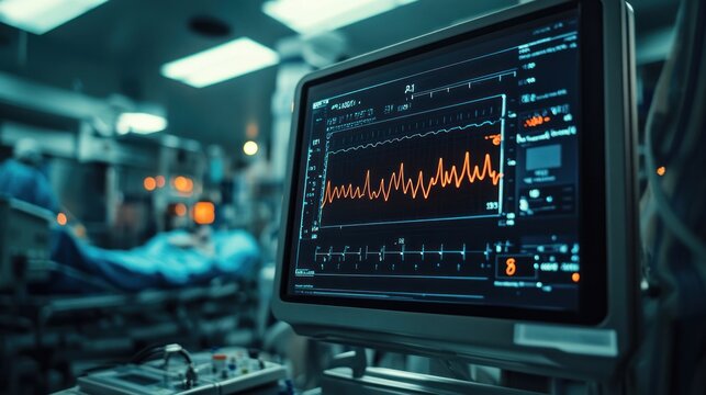 In the surgical suite, the ECG monitor display shows the patient's heart rate. This is because the surgeon intently focuses on the operation while the room is filled with precision instruments.