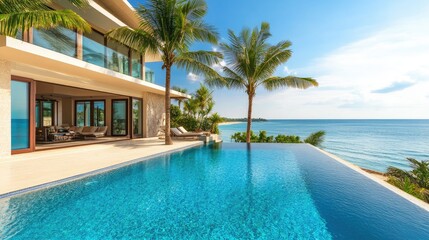 Fototapeta premium Luxury oceanfront villa with a private pool and palm trees, no people. Copy space available in the background.