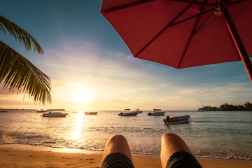 Beautiful image from the point of view of the viewer lying on the beach surrounded by parasol, palm...