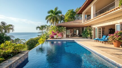 Fototapeta premium Luxury oceanfront villa with a private pool and palm trees, no people. Copy space available in the background.