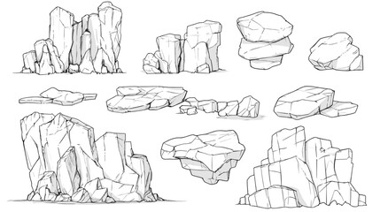 Hand drawn rocks. Gravel stones and boulders sketch. Architectural outline Drawings Pebble piles. Heavy cobblestones and granite rubble. Vector black and white doodle nature elements set