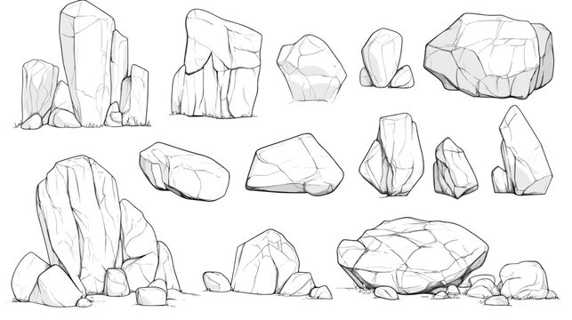 Hand drawn rocks. Gravel stones and boulders sketch. Architectural outline Drawings Pebble piles. Heavy cobblestones and granite rubble. Vector black and white doodle nature elements set