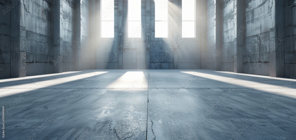 Aufkleber Spacious interior with beams of light shining through tall windows in an industrial setting.