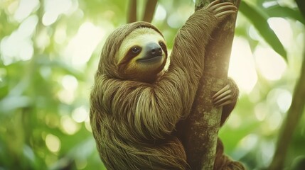 Obraz premium A sloth clings to a tree in a lush green environment, showcasing its slow-paced lifestyle.
