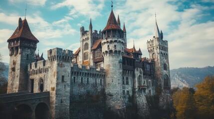 Fototapeta premium Majestic European castle with towering spires, no people. Open room for text in the sky.