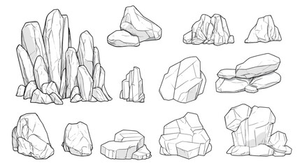 Hand drawn rocks. Gravel stones and boulders sketch. Architectural outline Drawings Pebble piles. Heavy cobblestones and granite rubble. Vector black and white doodle nature elements set © The Illustraitor