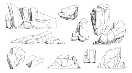 Hand drawn rocks. Gravel stones and boulders sketch. Architectural outline Drawings Pebble piles. Heavy cobblestones and granite rubble. Vector black and white doodle nature elements set © The Illustraitor