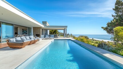 Fototapeta premium Modern beach villa with a sparkling pool and ocean view, no people. Room for copy on the patio.