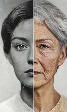 Split face portrait of young and elderly woman, aging process comparison for time passage concept. Youth versus maturity, beauty transformation and life journey for generational contrast