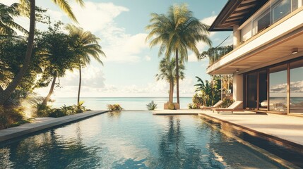 Fototapeta premium Modern beach villa with a sparkling pool and ocean view, no people. Room for copy on the patio.