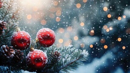 christmas and new year holidays concept Red balls on fir branches, winter snowy backdrop festive winter season background