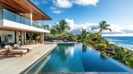 Fototapeta premium Modern tropical villa with a pool and ocean backdrop, no people. Plenty of copy space available.