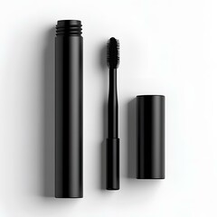 Obraz premium Black mascara tube with applicator on white background, beauty product.