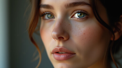 Close-up portrait of a young woman with green eyes and freckles.