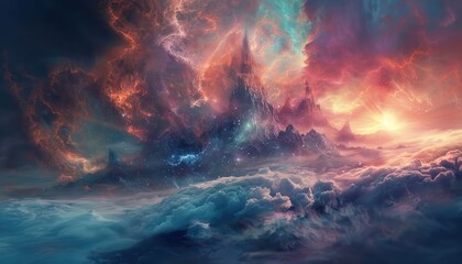 Naklejka premium A Majestic Mountain Range Emerging From a Starry, Gaseous Sky