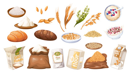 Grains crop, cereal products and morning food cartoon set. Golden wheat ears or oat and barley plants, rice grains in pile and kernels bag. Cartoon flour and cereal bread of bakery vector illustration © setory