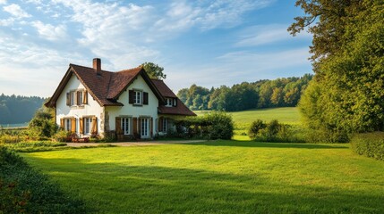 Fototapeta premium Picturesque European farmhouse surrounded by fields, no people. Open copy space available.