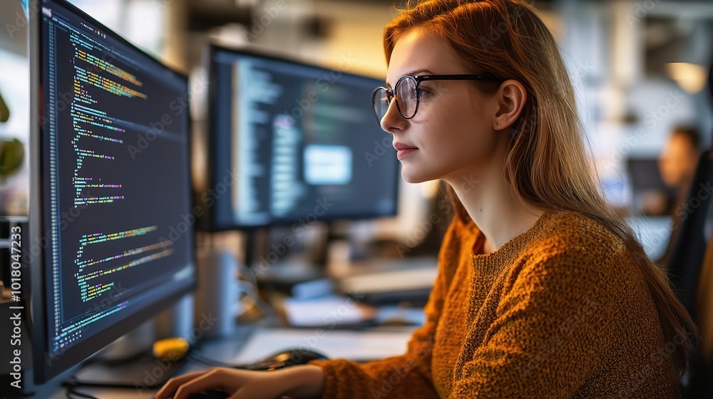 Poster focused female coder working on computer screens