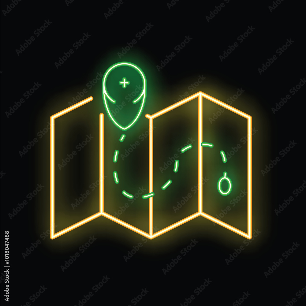 Poster glowing neon sign showing a map with a location pin and a route marked with a dotted line