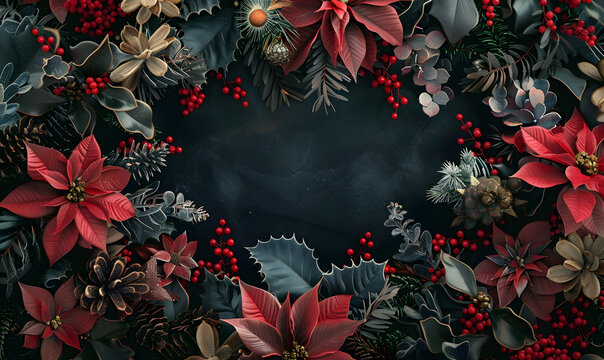 Christmas decoration with poinsettia flowers and holly berry on black background. Festive winter holiday concept. Flat lay. Beautiful floral background of mallow and poinsettia. Isolated - Powered by Adobe