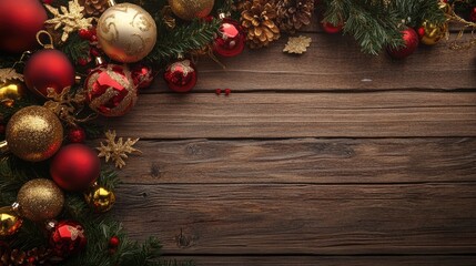 Red and gold Christmas ornament corner border banner Above view on a rustic wood background