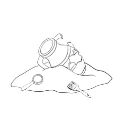 Archaeological find vector illustration in linear drawing style. Hand drawn drawing sketch of discovery from adventure or camping on isolated background. Broken antique jug, magnifying glass, brush.
