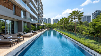 Modern poolside view with lush greenery and urban backdrop.