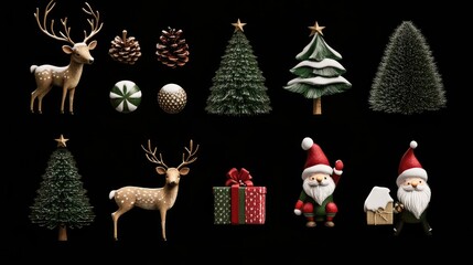 Fototapeta premium Set of graphic elements for Christmas cards Gnome, deer, Christmas Trees, snowflakes, stylized gift boxes Black background