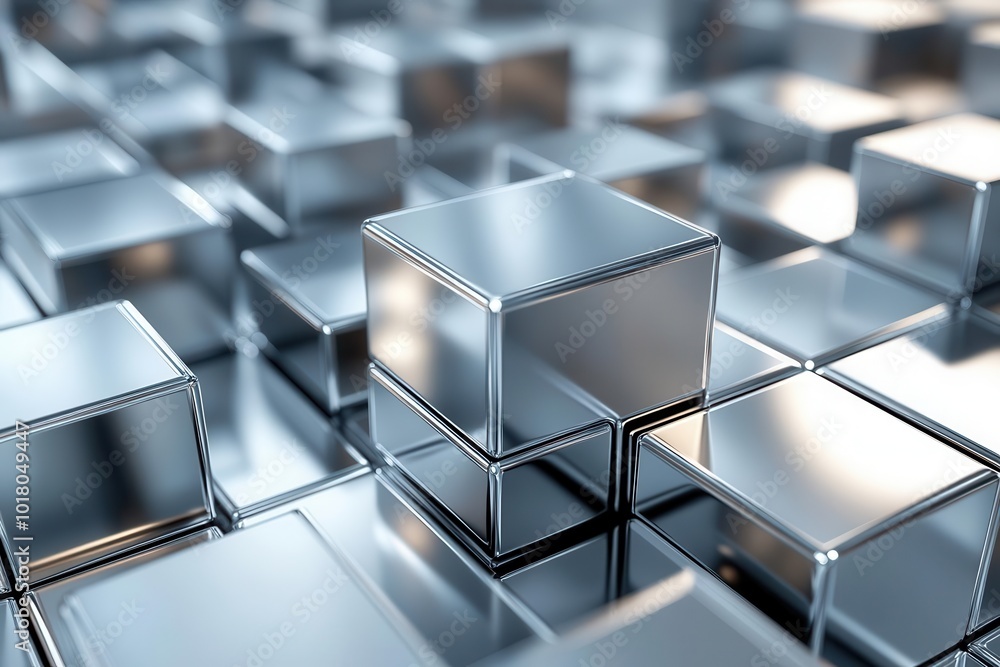 Poster close-up of reflective metallic cubes arranged in a dynamic pattern, showcasing modern design and te