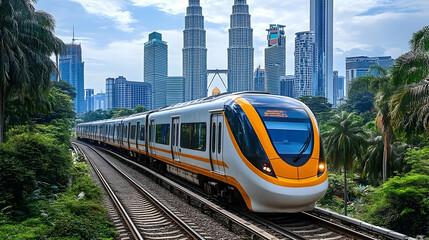 Naklejka premium Modern train traveling through a cityscape with skyscrapers.