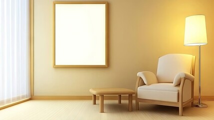 Living room interior with a beige armchair, wooden coffee table, and a framed art print on the wall, creating a peaceful setting.