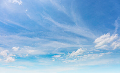 Fototapeta premium Bright Blue Sky with White Cloud background: A Clear Summer Day with Light Gradients winter cloudy and Nature Beauty texture, Horizon air in summer day. abstract Landscape spring View