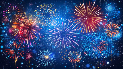 Fototapeta premium Fireworks with Night Sky Background. colourful firework display set for celebration happy new year and merry christmas and fireworks on black background