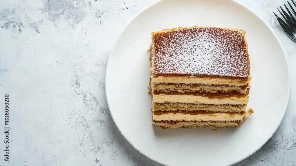 Poster top view of a caramel layer cake on a round white plate, copy space available in the background.