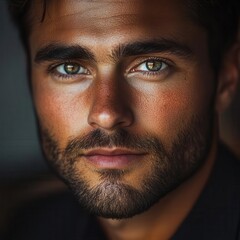 Obraz premium Close-up portrait of a handsome man with striking green eyes and a well-groomed beard, showcasing a confident expression.